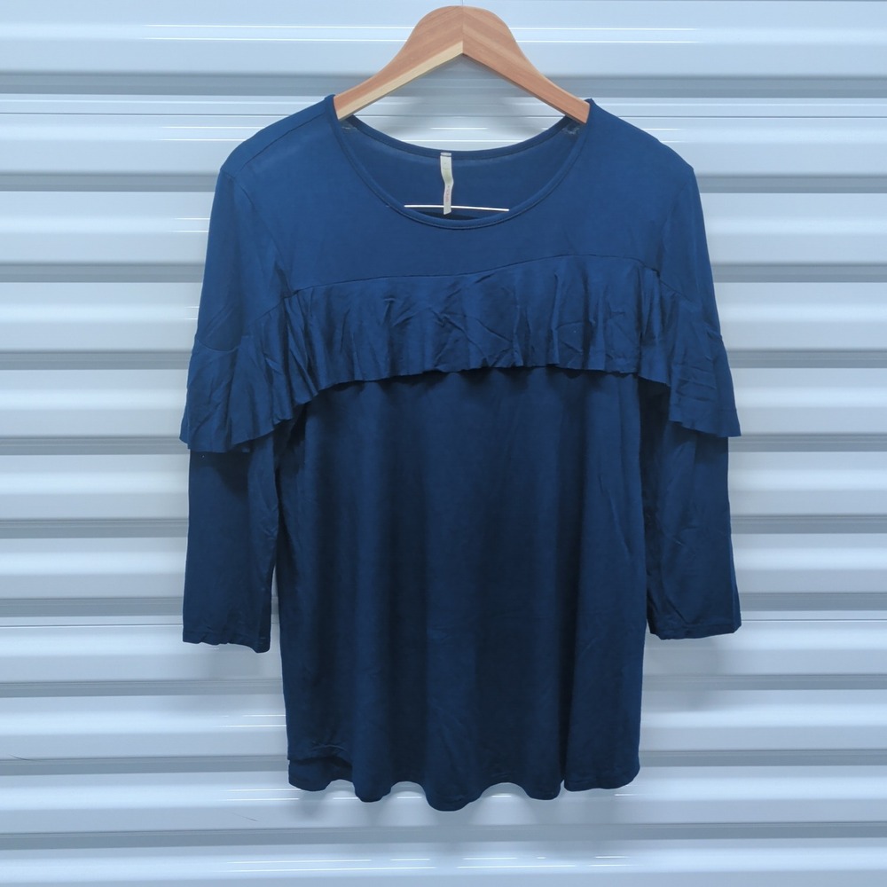 Lounge n Chili Ruffle Front Top Size L Womens Navy Blue Long Sleeve Blouse USA — photo 2